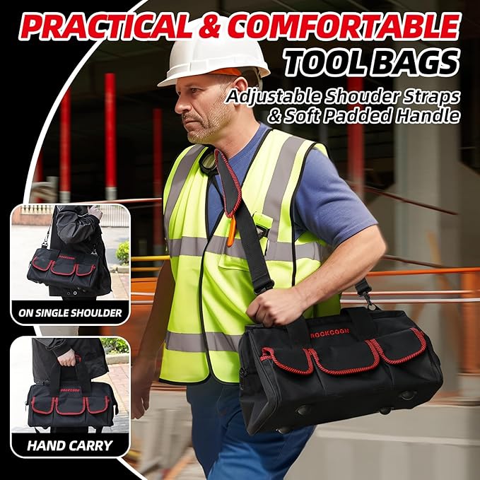 Tool Bag 16'', Multi-pocket Tool Organizer with Shoulder Strap, Heavy Duty Tote with for Tool Storage, Black & Red