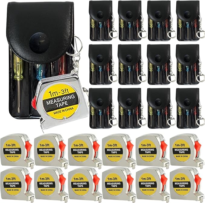 Mini Screwdriver Keychain Tape Measure Keychains Set Retractable Keychain Tape Measure Mini Screwdrivers in Pouch Keychain for Birthday Party Favors and Daily Use, 1 m/ 3 ft (24 Pcs)