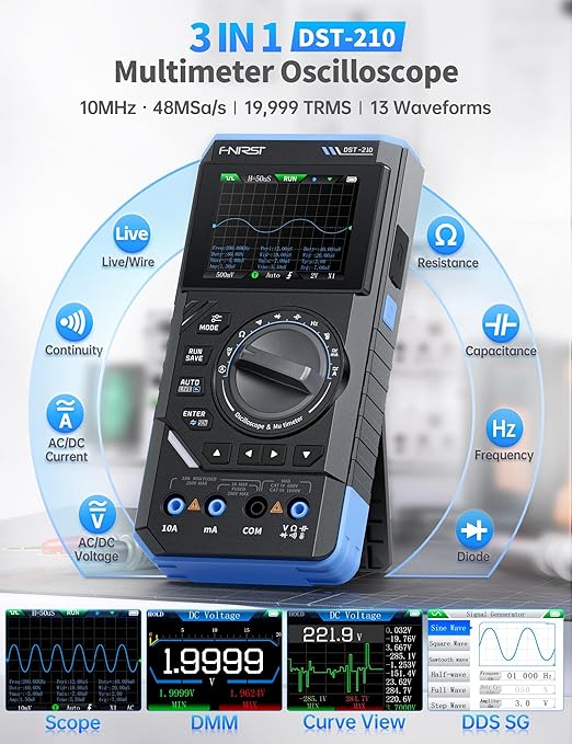 FNIRSI DST-210 Handheld Oscilloscope 10MHz Bandwidth, 19999 Counts, Digital Oscilloscope Multimeter DDS Generator 3IN1, 48MS/s Sampling Rate, AC/DC Voltage Current, Capacitor, Resistor, Diode Test