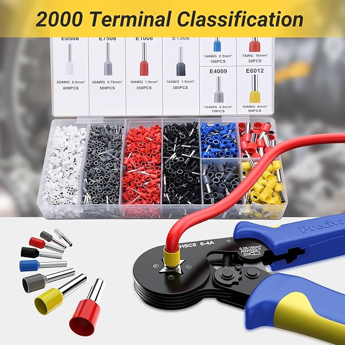 Preciva Ferrule Crimping Tool Kit with 2000PCS Wire Connectors, AWG23-7 Self-adjustable Ratchet Wire Crimping Tool Kit Crimper Plier Set (Blue)
