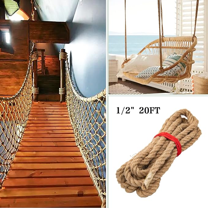 Natural Jute Rope 1/2 inch 20 feet, Twisted Manila Rope Hemp Rope Sisal Rope for Cat Scratching Post, Camping, Crafts, Tug of War, Railings Decorate, Hanging, Hammock, DIY Projects