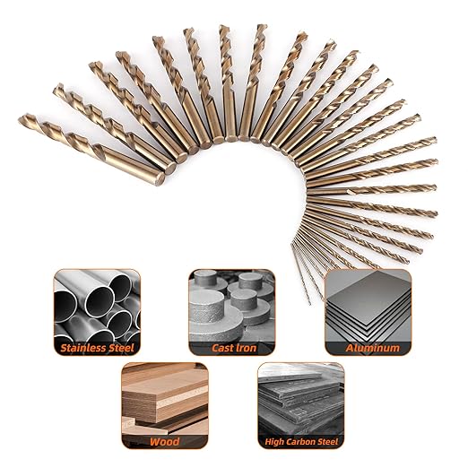 29Pcs Cobalt Drill Bit Set (1/16''-1/2''), M35 High Speed Steel, Twist Jobber Length for Hardened Metal, Stainless Steel, Cast Iron, Wood, and Plastics, with Metal Index Storage Box