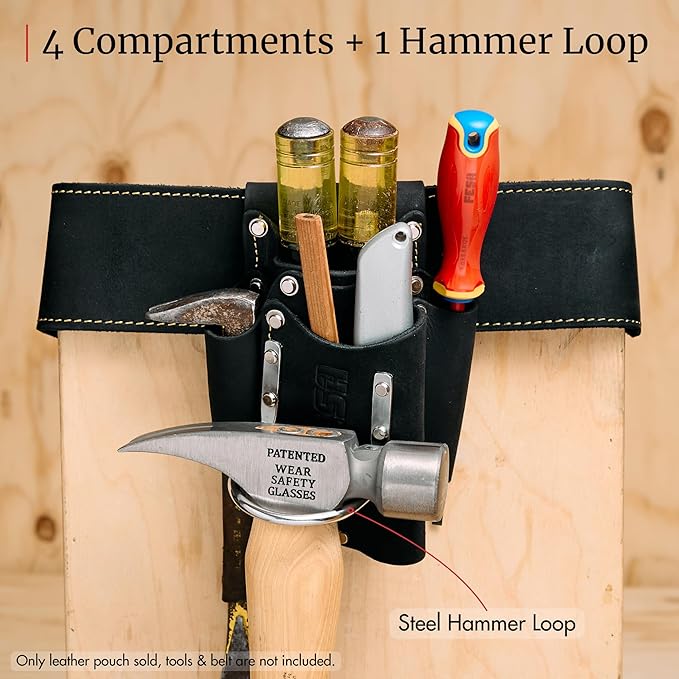FESA Small Leather Tool Pouch - 5-in-1 Heavy Top Grain Leather Small Tool Pouch with a Steel Hammer Loop, 4 Pockets & Reinforced Heavy Duty Rivets - Fits Belts up to 3" - Handcrafted