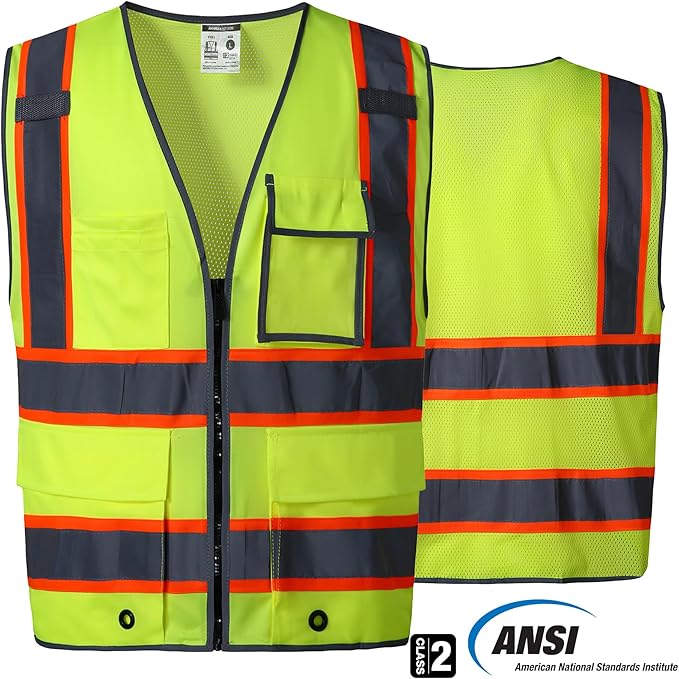 SKSAFETY 10 Pockets Safety Vest, Class 2 High Visibility Security with Zipper Back Mesh, Hi Vis Vest with Reflective Strips, ANSI/ISEA Standard, Construction Work Vest for Men ＆ Women （Lime, L）