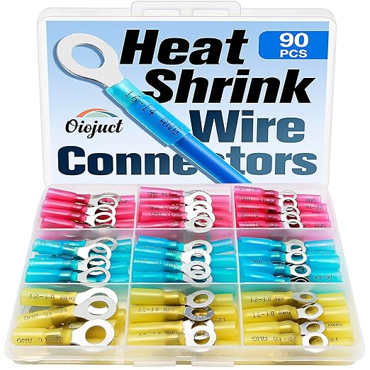 90Pcs Heat Shrink Wire Connectors Electrical Kit - Oiojuct Marine Automotive Wiring Crimp Terminals Assortment, Waterproof Ring Electrical Butt Connector