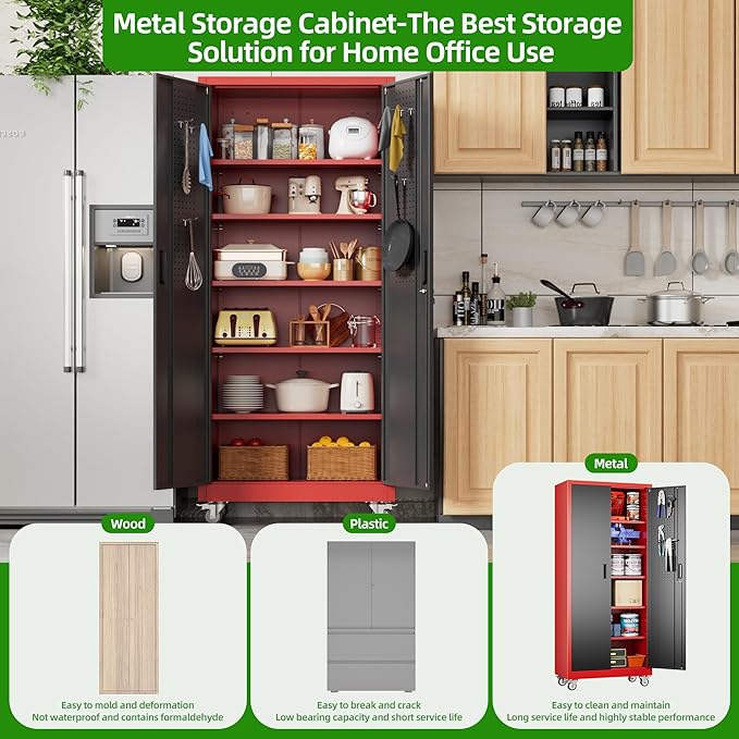 71" Metal Storage Cabinet with Wheels and Pegboard, Lockable Rolling Steel Storage Cabinet with 5 Adjustable Shelves and Door for Garage, Office, Kitchen, Assembly Required,Black and red