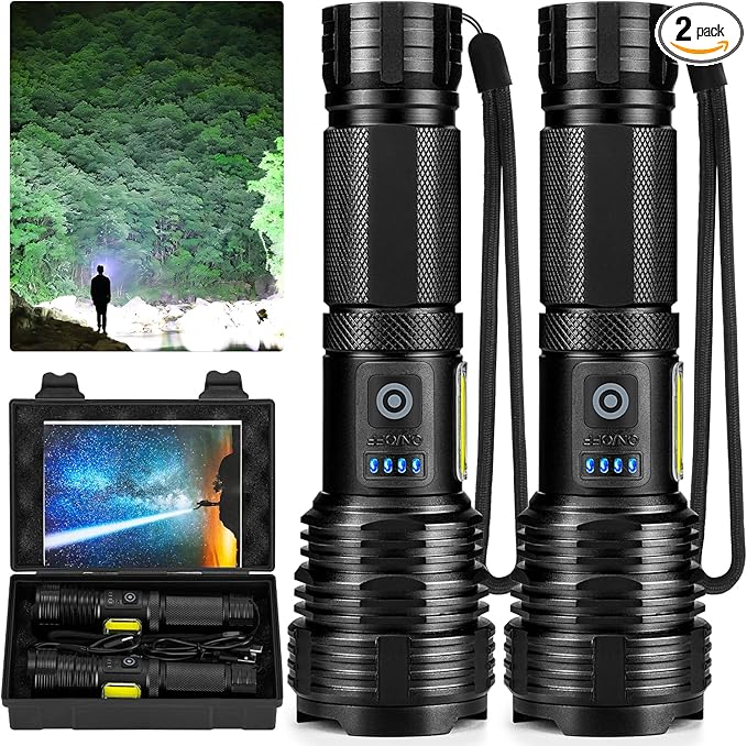 Flashlights LED High Lumens Rechargeable, High Lumen Super Bright Flashlight, USB Fast Charging High Powered Flash Light, Powerful IPX7 Waterproof Handheld Flashlights for Home,Camping(2 Pack)