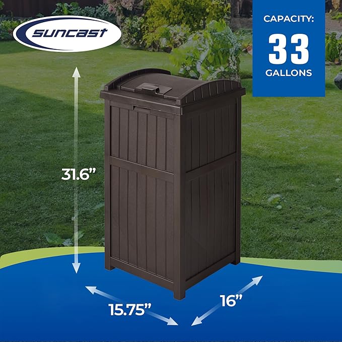 Suncast 5 Pack 33 Gallon Durable Plastic Hideaway Outdoor Garbage Can with Secure Lid & Wicker Design for Home Backyards, Decks, or Patios, Java Brown