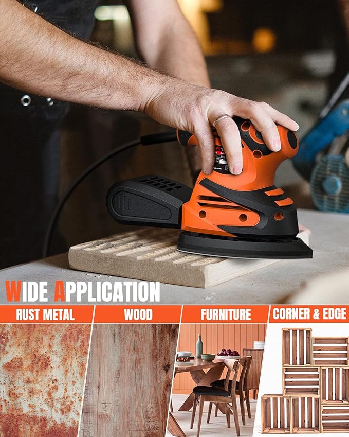 Detail Sander, 1.5A 15000 OPM Electric Sander with 24pcs Sandpapers, Efficient Dust Collection System & Detail Finger Attachment, Soft Grip Handle, Compact Hand Sander for Woodworking