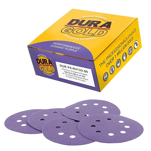 Dura-Gold Premium 120 Grit 5" Purple Film Ceramic Sanding Discs, 8-Hole Pattern, Box of 50 - Dustless Hook & Loop Backing Sandpaper for DA & Random Orbital Sanders - Sand Auto Paint, Wood, Woodworking