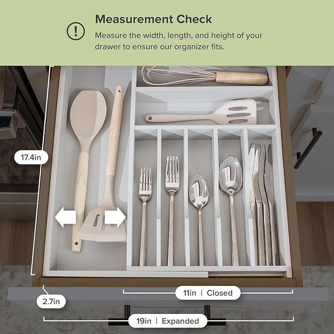 Premium Silverware, Flatware and Utensil Organizer for Kitchen Drawers, Food-Safe Contract Grade, Expandable from 10.5 to 19 In, Gray Bamboo