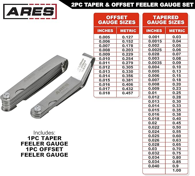 ARES 11042-2-Piece Tapered Feeler Gauge and Offset Feeler Gauge Set has 32 Dual-Marked SAE & Metric Sizes - Offset has 16 Dual-Marked Sizes - Precisely Measure Mechanical Clearances