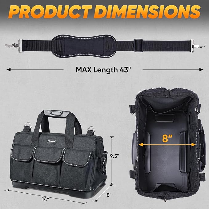 TICONN Heavy Duty Tool Bag with Multi-Pockets, Portable Tool Box Organizer Storage Bag, with Adjustable Shoulder Strap and Ergonomic Handle (Black, 14" Molded Base)
