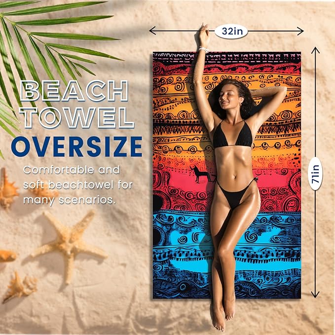 2 Pack Microfiber Beach Towel Oversized 71"x32" Sand Free Quick Dry Absorbent Lightweight Thin , Compact Towels for Travel Swimming Pool Yoga Gym Camping Beach Accessories Vacation Essentials Gift
