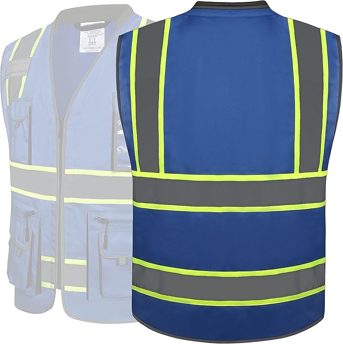 JKSafety 10 Pockets Hi-Vis Zipper Front Fluorescent Blue Safety Vest | Cushioned Collar | High Reflective Tapes with Extended Neon Yellow Strips | Meets ANSI/ISEA Standards (5X-Large, 89-Blue)