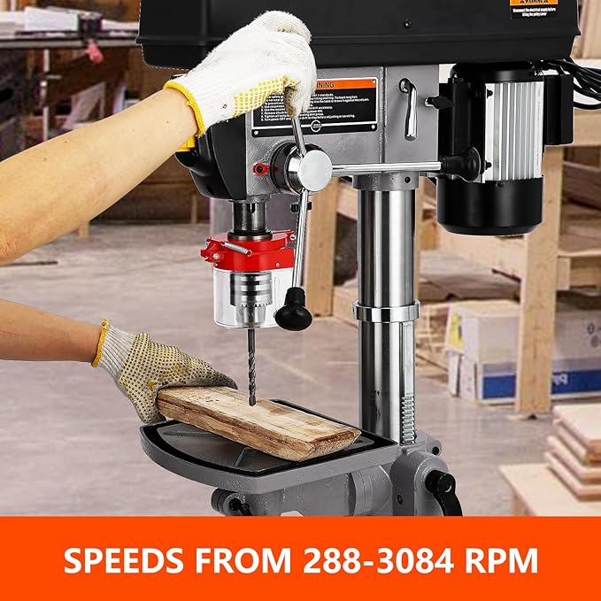 15 in Floor Drill Press, 7.5 Amp 120V Pure Copper Motor, 288-3084 RPM Variable Speed Cast Iron Bench Drill Press, 0-45° Tilting Worktable, Tabletop Drilling Machine for Wood Metal