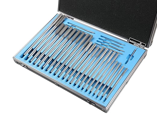 Accusize Industrial Tools 29 Pc Set 1/16 to 1/2 inch by 1/64 in HSS M2 Premium Chucking Reamers, Straight Flute, Aluminum Case, 5528-SF00
