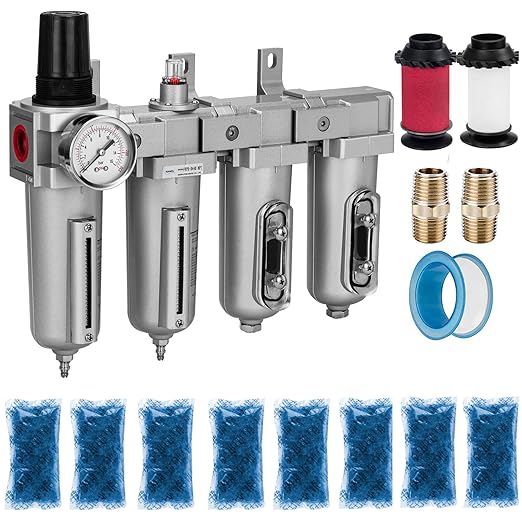 NANPU 1/2" NPT Industrial Grade 4 Stage Air Drying System - Particulate Filter, Coalescing Filter, Double Desiccant Dryers & Air Regulator, Metal Bowl, Manual Drain, for Paint Spray＆ Plasma Cutter
