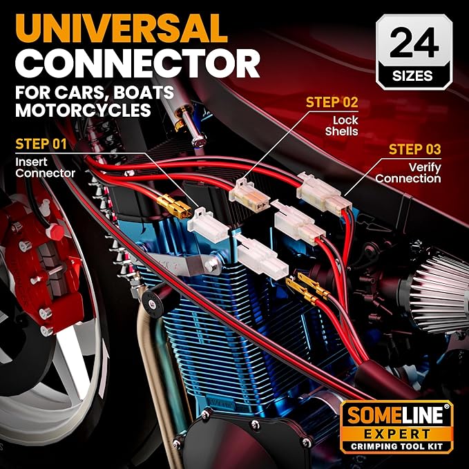 SOMELINE Automotive Wire Connectors Crimp Tool Kit, Crimper for 24-14 AWG Non-Insulated Quick Disconnect Terminals, with 2-9 Pin 2.8mm/6.3mm Plugs & Sockets, Includes Wire Stripper