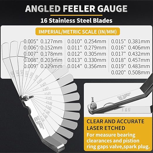 Stainless Steel Feeler Gauge Set, 2PCS 32 Blades Feeler Gauge & 16 Blades Offset Thickness Gauge with Standard SAE and Metric Dual-Marked, Filler Gauge Set for Measuring Spark Plug Valve Gap