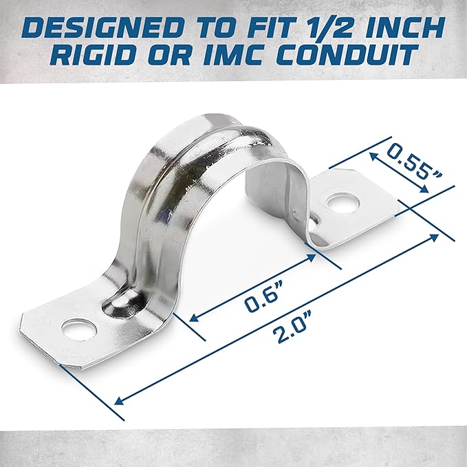 OHLECTRIC Heavy Duty Pipe Strap (100 Pack - ½ Inch) Zinc Plated Conduit Clamps, 2 Hole Steel EMT Pipe Strap U Bracket, Zinc Coated Tension Tube Clip, Metal Pipe Clamp for EMT Conduits