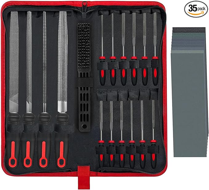 Greywolf 35 piece file set, metal files, premium T12 carbon steel flat, half-round, round, and triangular tips, plus 14 fine sanding tools and 16 sheets of sandpaper for metalworking and woodworking