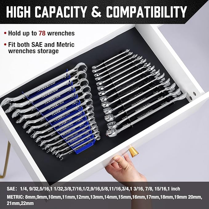 ALOANES 78-Slot Metal Wrench Organizer, Heavy Duty Wrench Organizer Tray for Tool Box, Professional Fit SAE & Metric Wrench Storage, 6 Pack Wrench Holders(Blue)