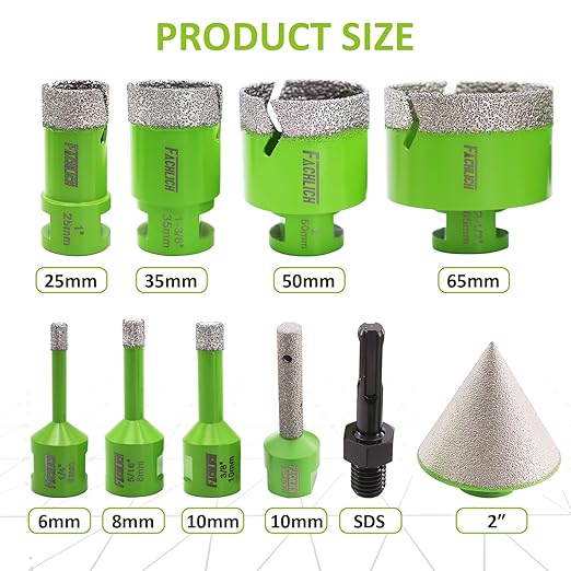 Diamond Core Drill Bits Set - 10pcs Tile Hole Saw Kit 6/8/10/25/35/50/65mm with 2" Diamond Beveling Chamfer Bits for Porcelain Ceramic Tile Granite Marble