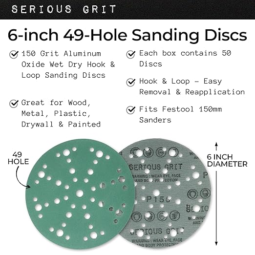6-Inch 49-Hole 150 Grit Sanding Discs - Heavy-Duty Hook & Loop Film Discs - Sandpaper for Random Orbital Sanders - 50 Pack Box