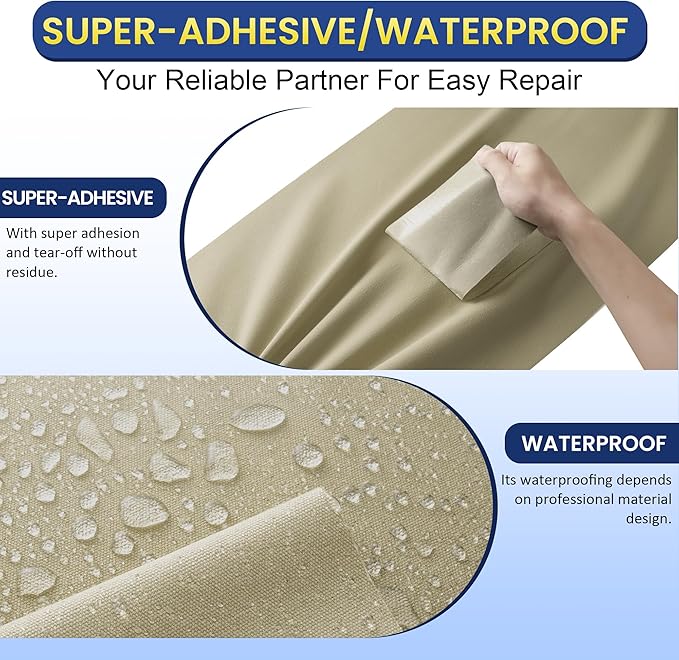 Self-Adhesive Canvas Repair Tape, 16" x 40" Waterproof Canvas Repair Patch, Fabric Patch Repairs Kit for Furniture, Tents, Sunbrellas, Boat Covers Awnings, Couches, Clothes, Bags Khaki