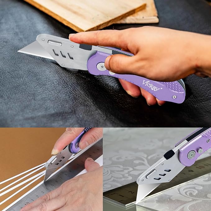 Vickay Folding Utility Knife, Box Cutter with 5 SK5 Quick Change Blades, Safety Axis Lock Design Razor Knife, Lightweight Aluminum Handle Belt Clip for Office Home Artcraft （Light Purple)
