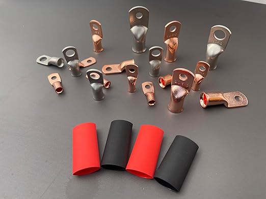 16Pcs 6 AWG 1/4" Stud Heavy Duty Copper Wire Lugs with 16Pcs Heat Shrink Tubing 6 Gauge Ring Terminals Battery Cable Ends Bare Copper Eyelets Tubular Ring Terminal for Car Boat Marine