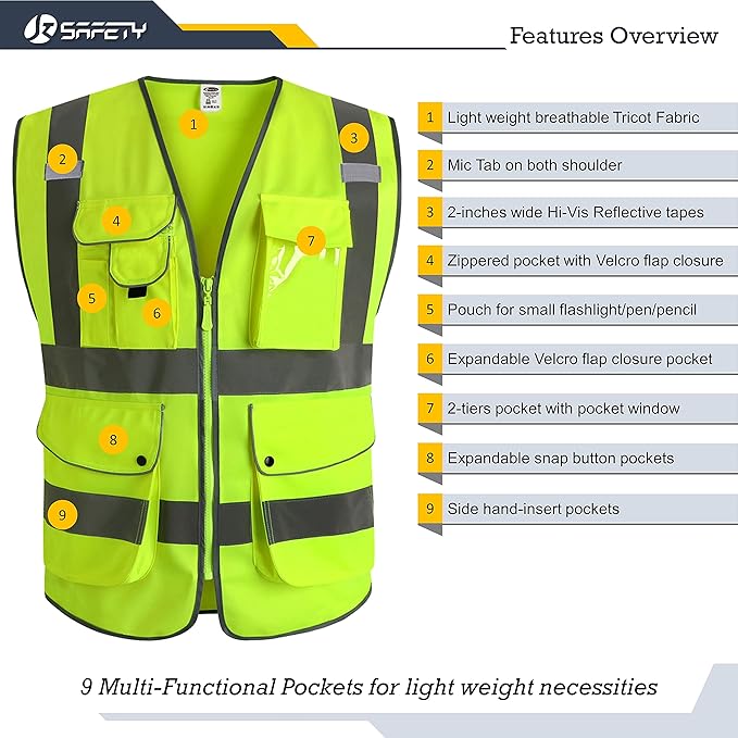 JKSafety 9 Pockets Class 2 High Visibility Zipper Front Safety Vest With Reflective Strips, Yellow Meets ANSI/ISEA Standards (4X-Large 150-Yellow)