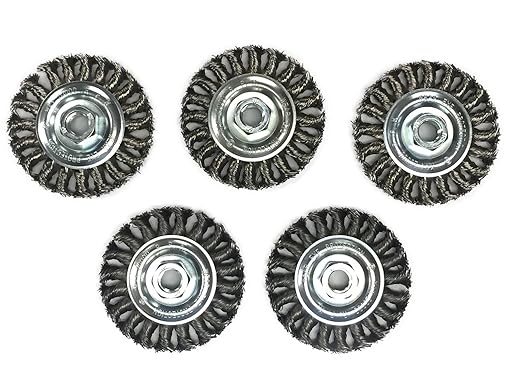 Benchmark Abrasives 4” Standard Twist Knot Wire Wheel with Arbor 5/8"-11 Thread, for Weld Cleaning, Weld Spatter Removal, Stripping, Deburring, Use with Angle Grinders - Carbon Steel (5 Pack)