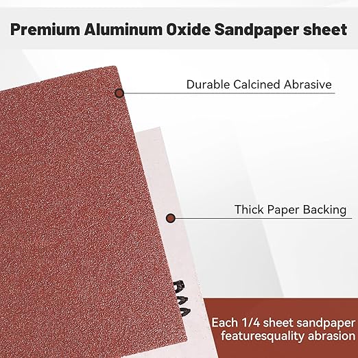 1/4 Sandpaper Sheet – 4-1/2” x 5-1/2”, P60 Grit, Red Aluminum Oxide, Plain Backing, 50-Pack – Sandpaper Sheets for Palm Sanders and Woodworking