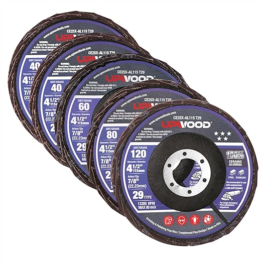 5-Pack 4.5" x 7/8" Ceramic Flap Disc, Mixed Grit (#40 x 2, #60 x 1, #80 x 1, #120 x 1), Bevel Type #29