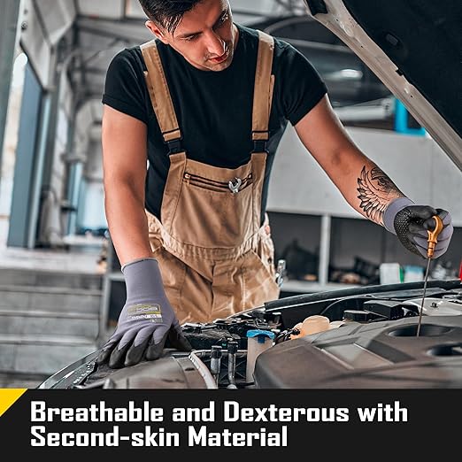 COOLJOB 36 Pairs Nitrile Rubber Dipped Safety Work Gloves with Grip Dots, Seamless Knit Nylon Gloves with 2 Fingers Touchscreen, Non-slip Coated for Warehouse, Home Improvement, Yard, Grey Medium