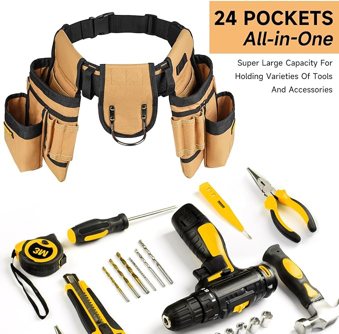 Tool Belt,Magnetic Tool Pouch,27-Pockets Heavy Duty Padded Tool Belts for Men,Detachable & Adjustable Tool Pouch Bag for Electrician,Carpenter,Construction,Work Apron,Utility Belt,Black,Brown