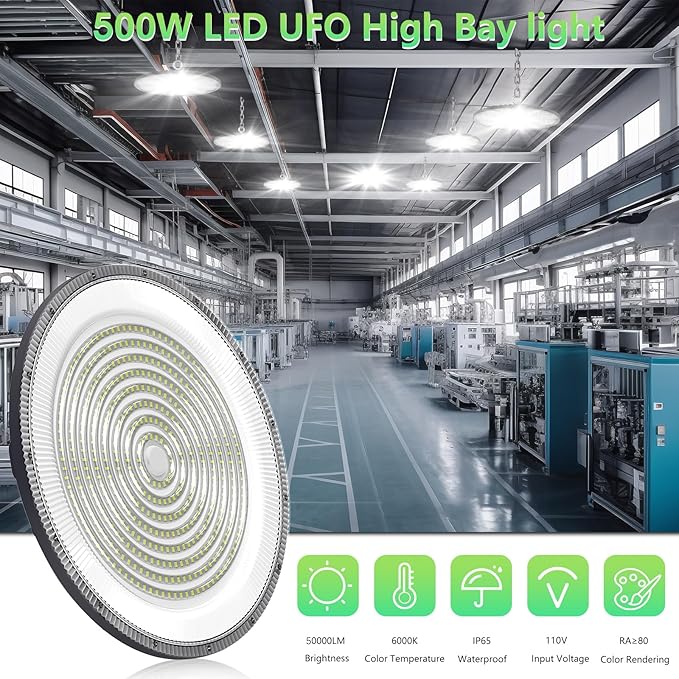 loyal LED High Bay Shop Lights: UFO Dimmable Commercial Lighting 6000K - for Warehouse Garage Workshop Gym,No Plug (500W, 6 Piece)