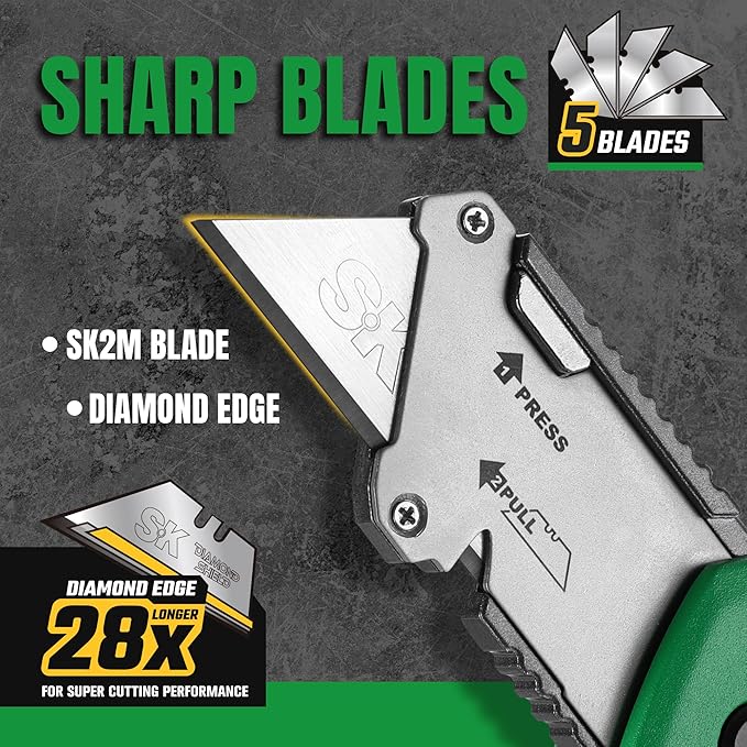 SK Folding Utility Knife with Additional Wire Cutter, Quick Change Box Cutter, Blade Storage in Handle, Extra 4 SK2M Blades Included