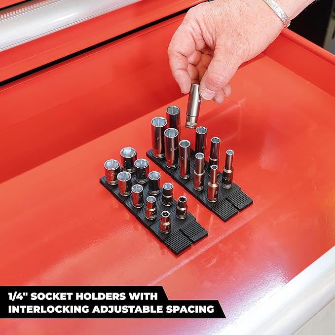 StealthMounts Drawer Hive ¼ Socket Holder – 10 Pack | Modular Drawer Tool Organiser | Injection-Moulded TPE | Made in The UK