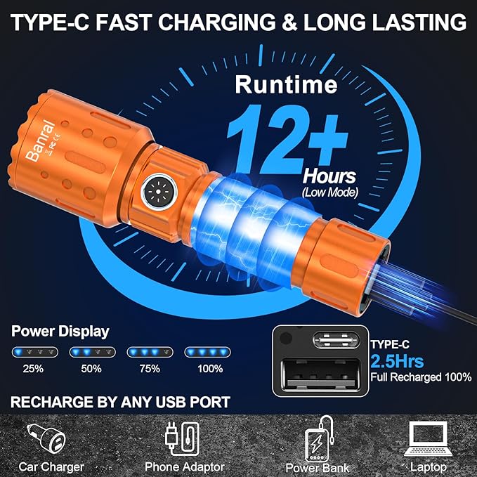 Flashlights High Lumens Rechargeable, Super Bright Long Range Small Powerful Flashlight, 6 Modes LED Tactical Pocket Waterproof Flash Light for Home Emergency (2, Orange)