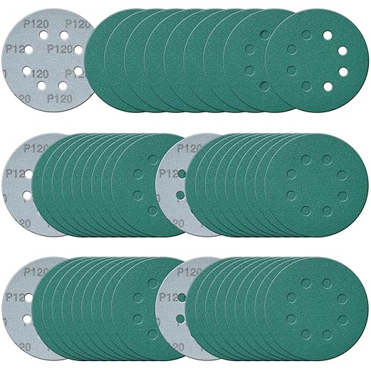 5 Inch 8 Hole Sanding Discs, 50 Pcs Wer Dry Sandpaper 120 Grit Hook and Loop Green Polyester Film Backed Sanding Disc for Random Orbital Sander Wood Car Metal Plastic (120 Grit, 50 Pack)