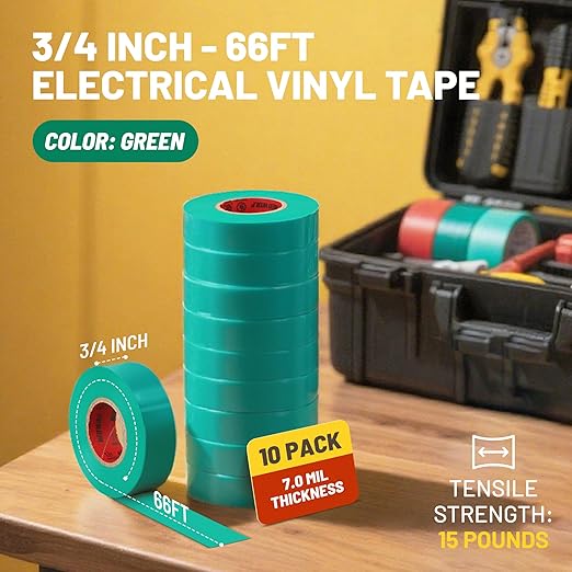 RED WOLF 10 Pack Green Electrical Tape 3/4 Inch x 66 Ft Industrial Grade UL/CSA Listed 7 Mil Thick Flame Retardant High Temp Waterproof Electrical PVC Tape Electric Super Vinyl Rated 600V
