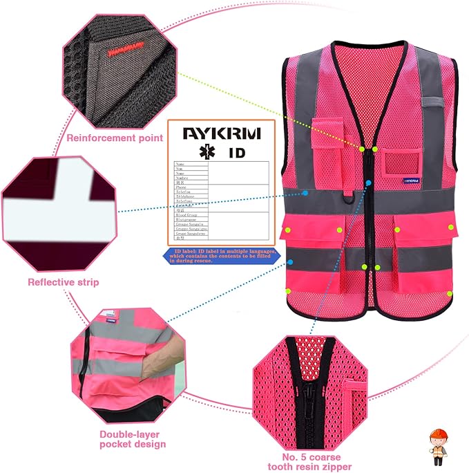 A-SAFETY High Visibility Mesh Safety Reflective Vest with Pockets and Zipper,Hi Viz Work Vest for Men Women (Pink Mesh M)