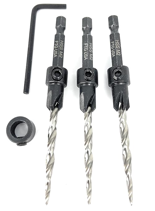 FTG USA Countersink Drill Bit Set for Wood with Tapered Drill Bit 3 Pc #10 (3/16")