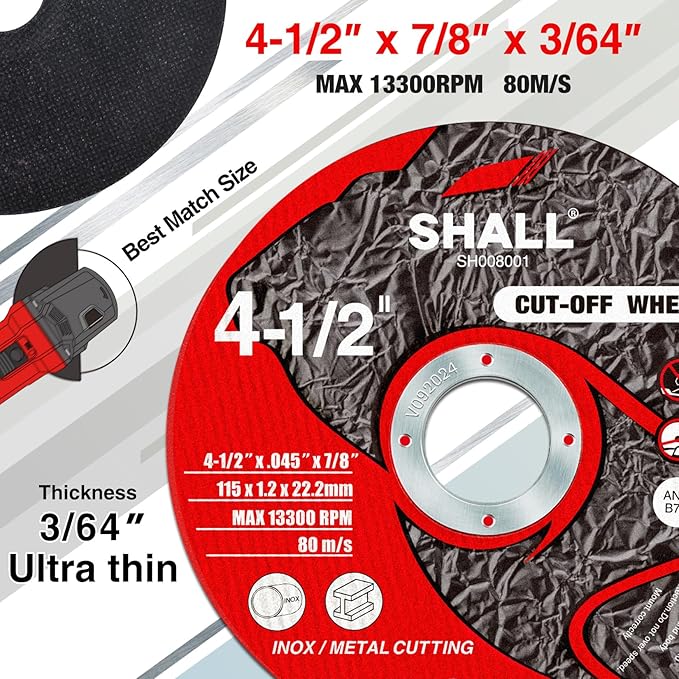 SHALL 25-Pack Cut Off Wheels 4 1/2 x 7/8 Inch, Cutting Wheel with Pouch for Angle Grinder, 4.5” Metal & Stainless Steel Fast Cutting Disc, Grinder Wheel for General Purpose Metal Cutting