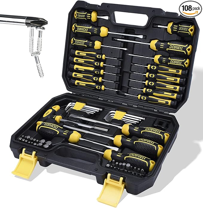DOWELL Magnetic Screwdriver Set Slotted/Phillips/Torx 108-Piece Stubby Screwdriver Mini Precision Screwdriver Bits Set Hex Key Set Magnetizer Tool Kit for Repair Craft