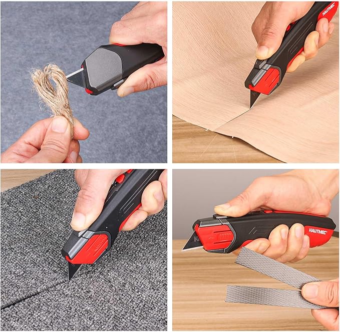 HAUTMEC Safety Self Retractable Utility Knife, Professional Heavy Duty Box Cutter With Extra 3 Black Sk2H Blades, Tool-free Blade Change, Safety Knife for Work HT0414-KN