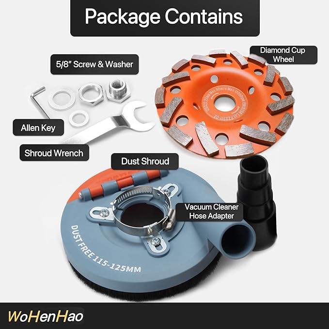 Dust Shroud for Angle Grinder 4.5-5 inch + Diamond Grinding Cup Wheel 5 inch, Universal Surface Grinding Shroud with Grinding Wheel for Concrete Surface, Cement, Marble, Rock, Granite
